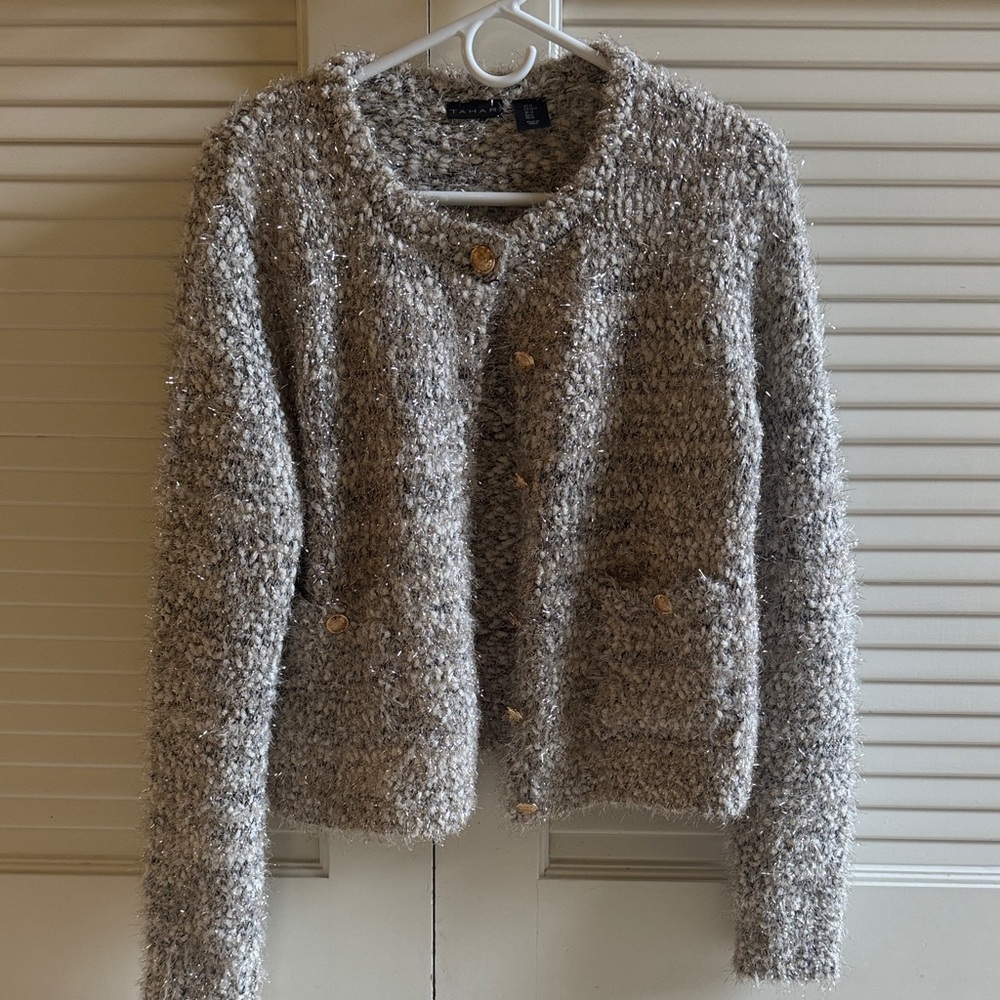 Sparkle Knit Tweedish Textured Cardigan with Gold Buttons